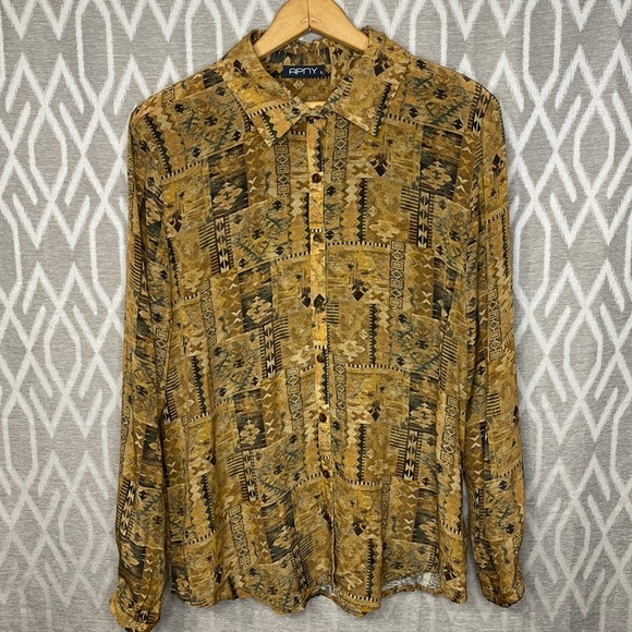 Anpy Top Button Down Shirt Patterned Multi-Tone Brown & Tan Size: Large - Picture 1 of 4